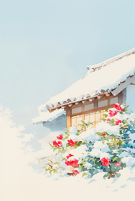 JPG 꽃 화초 겨울 일러스트 자연 하늘 지붕 한옥 주택 한국 눈꽃 풍경 평화 정원 꽃봉오리 기와지붕 동백 뷰티풀 국내일러스트 AI일러스트 AI콘텐츠 식물 한국전통 계절 아시아 컨셉 고건축 눈_날씨 기와 건물 생태계 파일형식