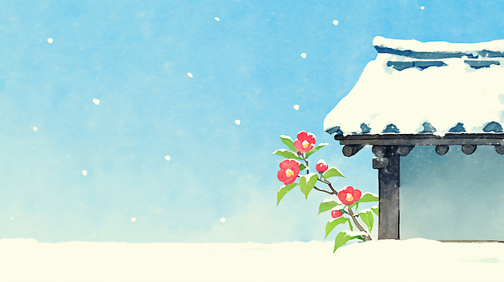 JPG 식물 꽃 겨울 일러스트 자연 표시 하늘 지붕 나뭇잎 한옥 수묵화 풍경 파란색 정원 추위 흰색 기와지붕 동백 뷰티풀 산수유 국내일러스트 AI일러스트 AI콘텐츠 한국전통 계절 컬러 고건축 잎 기와 미술 생태계 파일형식