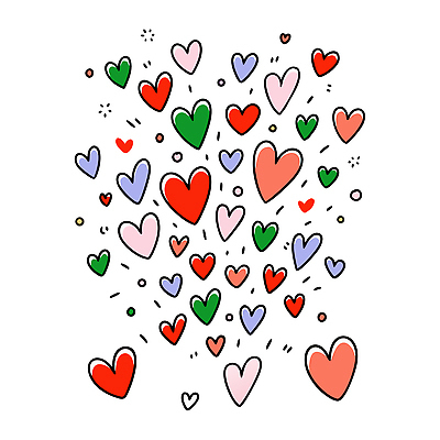 디자인 감정 분홍색 컬러 백그라운드 일러스트 사랑 빨간색 초록색 보라색 다양 하트 크기 그림 디지털아트 흩어짐 국내일러스트 AI파일 모양 다수 컨셉 파일형식 벡터