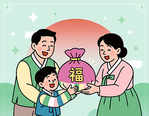 전통 명절 행복 문화 아들 일러스트 가족 엄마 새해 복주머니 한국 선물 사랑 웃음 설날 기쁨 예절 아빠 한복 즐거움 동행 소통 국내일러스트 AI파일 한국전통 기념일 감정 아시아 컨셉 관계 전통소품 표정 전통의상 파일형식 벡터