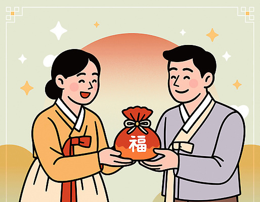 전통 여자 기념일 남자 행복 문화 일러스트 새해 복주머니 한국 대화 선물 이벤트 설날 축제 기쁨 의식 주머니 한복 전달 존경 국내일러스트 AI파일 한국전통 명절 감정 아시아 전통소품 말하기 사람 전통의상 파일형식 벡터