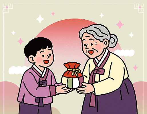 전통 명절 기념일 행복 문화 할머니 어린이 일러스트 가족 협력 새해 복주머니 한국 따뜻함 선물 사랑 웃음 설날 축제 기쁨 전통의상 한복 고객 세대 국내일러스트 AI파일 한국전통 여자 노년 감정 아시아 관계 전통소품 표정 사람 이벤트 파일형식 벡터