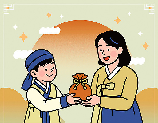 한국전통 손 명절 문화 아들 어린이 돈 일러스트 가족 엄마 새해 복주머니 선물 사랑 웃음 설날 태양 기쁨 행운 주머니 한복 주기 획득 국내일러스트 AI파일 자연요소 전통 기념일 감정 컨셉 관계 모션 전통소품 한국 표정 사람 신체부위 재산 전통의상 파일형식 벡터