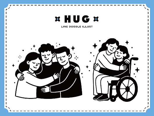 손 일러스트 가족 포옹 따뜻함 사랑 여러명 친구 기쁨 연결 장애인 휠체어 소통 긍정적 지원 평등 국내일러스트 AI파일 감정 다수 컨셉 관계 안기 사람 신체부위 장애 파일형식 벡터