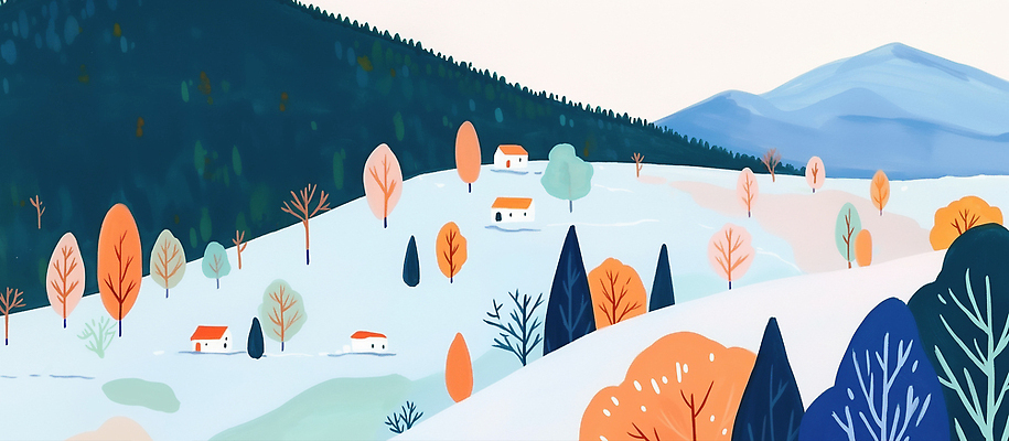 JPG 나무 사계절 컬러 백그라운드 겨울 일러스트 자연 산 주택 미술 풍경 마을 공간 언덕 조경 동산 평면 풍경화 국내일러스트 AI일러스트 AI콘텐츠 식물 계절 문화예술 건물 그림 생태계 파일형식