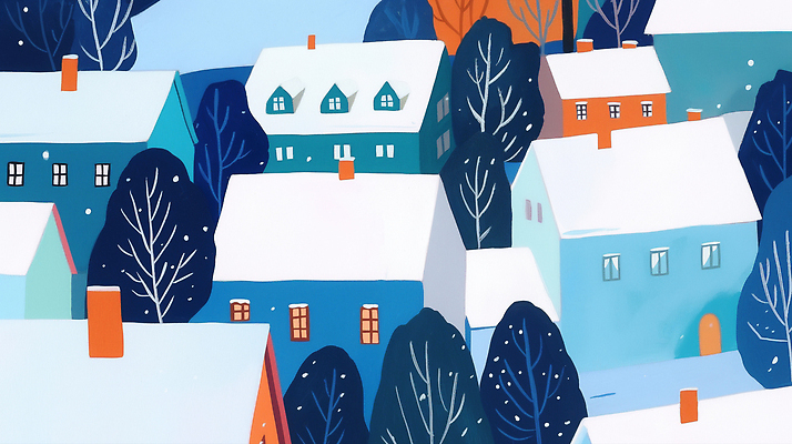 JPG 나무 컬러 겨울 일러스트 자연 하늘 동화 주택 풍경 그래픽 파란색 마을 자주색 그림 기하학 국내일러스트 AI일러스트 AI콘텐츠 식물 계절 무늬 건물 생태계 파일형식