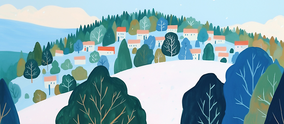 JPG 나무 여유 컬러 겨울 일러스트 자연 하늘 주택 풍경 일상 초록색 파란색 마을 환경 숲 언덕 지역 조화 지역사회 국내일러스트 AI일러스트 AI콘텐츠 식물 계절 감정 건물 라이프 생태계 파일형식