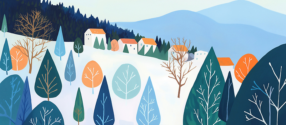 JPG 모양 나무 디자인 계절 예술 컬러 백그라운드 겨울 일러스트 자연 하늘 산 주택 풍경 환경 감각 숲 국내일러스트 AI일러스트 AI콘텐츠 식물 건물 생태계 파일형식