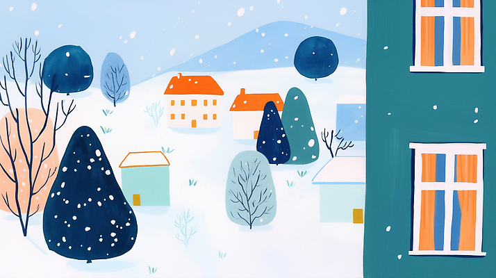 JPG 나무 예술 컬러 겨울 일러스트 주택 풍경 빌딩 파란색 마을 언덕 겨울풍경 국내일러스트 AI일러스트 AI콘텐츠 식물 계절 건물 파일형식