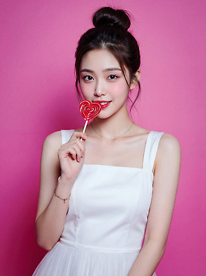 JPG 편집이미지 드레스 여자 분홍색 컬러 포즈 백그라운드 발렌타인데이 사탕 웃음 상반신 머리 귀여움 묶기 코코아 의료성형뷰티 편집실사 AI인물포토 AI콘텐츠 옷 음료 컨셉 모션 데이이벤트 디저트 표정 사람 신체부위 CG 파일형식 AI포토