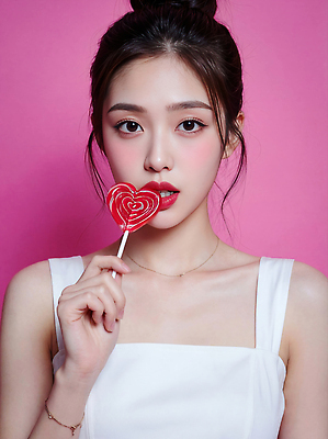 JPG 편집이미지 여자 얼굴 분홍색 포즈 백그라운드 발렌타인데이 막대사탕 사랑 화장 촬영 하트 입 팔 의료성형뷰티 편집실사 AI인물포토 AI콘텐츠 모양 감정 컬러 데이이벤트 사탕 사람 신체부위 뷰티 CG 파일형식 AI포토