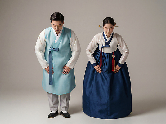 JPG 편집이미지 전통 커플 옷 여자 명절 남자 문화 모션 새해 한국 이벤트 치마 인사 한복 저고리 의료성형뷰티 편집실사 AI인물포토 AI콘텐츠 한국전통 기념일 아시아 관계 하의 사람 예절 전통의상 CG 파일형식 AI포토