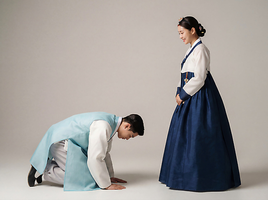 JPG 편집이미지 전통 커플 옷 여자 명절 남자 문화 관계 새해 한국 앉기 이벤트 예절 절 의식 한복 키_신체 세배 의료성형뷰티 존경 편집실사 AI인물포토 AI콘텐츠 한국전통 기념일 아시아 신체 모션 사람 인사 절_인사 전통의상 CG 파일형식 AI포토