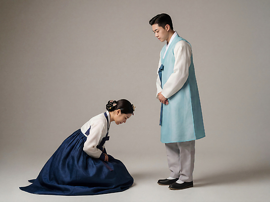 JPG 편집이미지 전통 커플 옷 여자 명절 남자 문화 새해 한국 서기 앉기 이벤트 예절 인사 한복 세배 무릎 의료성형뷰티 편집실사 AI인물포토 AI콘텐츠 한국전통 기념일 아시아 관계 모션 사람 신체부위 절_인사 전통의상 CG 파일형식 AI포토