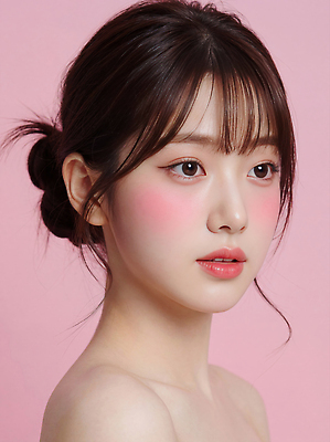 JPG 편집이미지 헤어스타일 여자 얼굴 분홍색 컬러 백그라운드 스튜디오 표정 앞모습 화장 뷰티 피부 초상화 의료성형뷰티 편집실사 AI인물포토 AI콘텐츠 뷰포인트 사람 신체부위 CG 그림 파일형식 AI포토