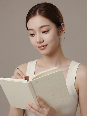 JPG 편집이미지 손 드레스 여자 감정 백그라운드 생각 미소 일상 펜 방 기록 쓰는 일기 편안함 집중 자기관리 의료성형뷰티 편집실사 AI인물포토 AI콘텐츠 옷 컨셉 표정 사람 라이프 신체부위 필기구 감각 CG 파일형식 AI포토