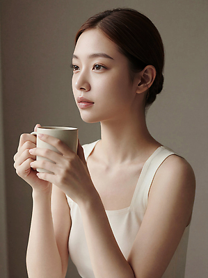 JPG 편집이미지 손 여자 커피 포즈 백그라운드 생각 조명 실내 표정 일상 컵 편안함 집중 순간 자기관리 의료성형뷰티 편집실사 AI인물포토 AI콘텐츠 식기 음료 컨셉 사람 내부 라이프 신체부위 감각 CG 파일형식 AI포토