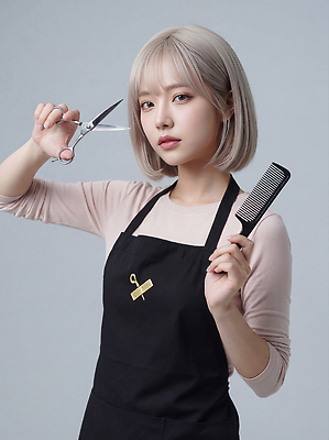JPG 편집이미지 손 짧은머리 표정 뷰티 머리 앞치마 대기 머리빗 작업 미용실 미용사 고객 서비스 의료성형뷰티 스타일 편집실사 AI인물포토 AI콘텐츠 직업 헤어스타일 신체부위 미용용품 뷰티샵 CG 파일형식 AI포토
