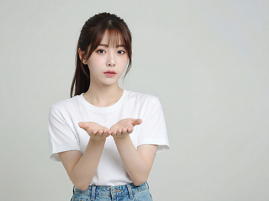 JPG 편집이미지 손 여자 감정 포즈 티셔츠 모션 펼침 공간 청바지 표현 질문 의료성형뷰티 스타일 이미지편집 AI인물포토 AI콘텐츠 셔츠 바지 사람 신체부위 파일형식 AI포토