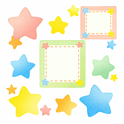 JPG 디자인 별 어린이 컬러 백그라운드 일러스트 수채화 프레임 그래픽 장식 초록색 파란색 장난감 노란색 사각형 물감 공백 색칠 그림 빈상자 창의성 국내일러스트 AI일러스트 AI콘텐츠 자연요소 도형 사람 상자 미술도구 파일형식