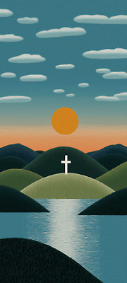JPG 나무 기독교 종교 호수 여유 십자가 일러스트 자연 하늘 새해 산 풍경 초원 해변 물 여름 태양 평화 일출 장면 국내일러스트 AI일러스트 AI콘텐츠 자연요소 식물 계절 감정 바다 컨셉 노을 생태계 파일형식