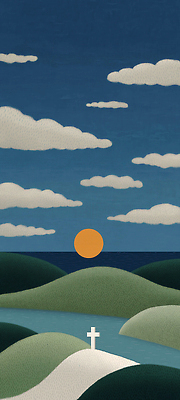 JPG 기독교 예술 바다 컬러 일러스트 자연 하늘 새해 풍경 해변 초록색 물 파란색 노란색 평화 일출 일몰 저녁 언덕 지평선 풍경화 국내일러스트 AI일러스트 AI콘텐츠 자연요소 종교 컨셉 노을 야간 그림 생태계 파일형식