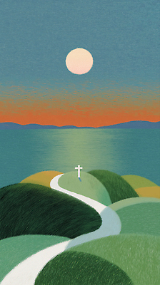 JPG 기독교 길 바다 백그라운드 십자가 일러스트 자연 하늘 새해 풍경 초록색 물 파란색 태양 일출 주황색 일몰 시간 확대 언덕 그림 국내일러스트 AI일러스트 AI콘텐츠 자연요소 종교 컬러 노을 생태계 파일형식