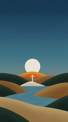 JPG 기독교 종교 컬러 십자가 일러스트 자연 하늘 새해 산 풍경 물 빛 강 태양 일출 땅 언덕 수평선 경관 국내일러스트 AI일러스트 AI콘텐츠 자연요소 노을 생태계 파일형식