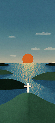 JPG 나무 기독교 컬러 십자가 일러스트 자연 하늘 새해 풍경 물 빛 강 태양 반사 평화 일출 일몰 저녁 언덕 지평선 기념물 평야 국내일러스트 AI일러스트 AI콘텐츠 자연요소 식물 종교 컨셉 노을 야간 생태계 파일형식