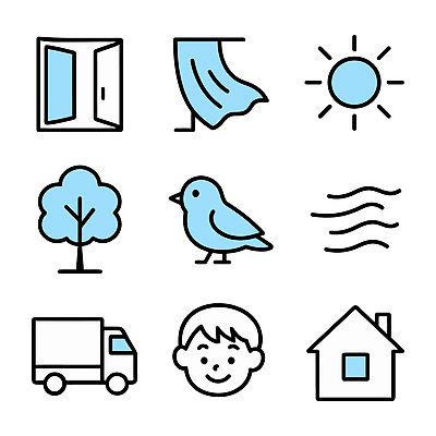 나무 이동 일러스트 자연 조류 바람 주택 사람 풍경 야외 생활 햇빛 문 트럭 이사 소음 국내일러스트 AI파일 자연요소 식물 동물 컨셉 자동차 날씨 건물 태양 소리 생태계 파일형식 벡터