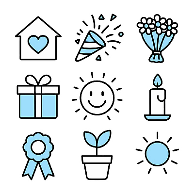 식물 디자인 기념일 꽃 행복 일러스트 촛불 주택 선물 이벤트 장식 태양 파티 축하 이사 국내일러스트 AI파일 자연요소 감정 컨셉 초 건물 파일형식 벡터