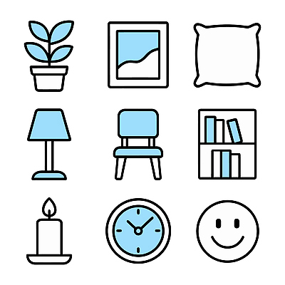 식물 디자인 시계 액자 쿠션 의자 일러스트 초 집안 책장 생활 장식 인테리어 공간 램프 이사 오브젝트 국내일러스트 AI파일 가구 조명 실내 파일형식 벡터