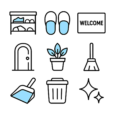 식물 아이콘 집안 슬리퍼 바닥 환경 깨끗함 공간 쓰레기통 도구 청소 정리 방문 환영 신발장 2D아이콘 AI파일 신발 컨셉 실내 파일형식 벡터