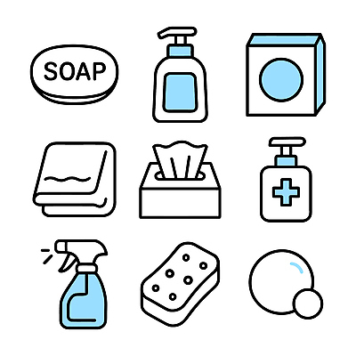 아이콘 수건 주방 청결 화장지 위생 세척 청소 세제 오브젝트 스프레이 비누 스펀지 손세정제 2D아이콘 AI파일 3 위생용품 세정제 파일형식 벡터
