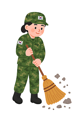 일러스트 모션 한국 소녀 환경 군인 위생 쓰레기 땅 빗자루 청소 군복 정리 노력 육군 자원 전투복 책임감 일반전초 국내일러스트 AI파일 직업 여자 아시아 어린이 컨셉 유니폼 군대 청소도구 국군 파일형식 벡터