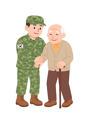 노년 유니폼 일러스트 모션 지팡이 친절 한국 미소 팔짱 군인 봉사 도움 군복 육군 공동체 배려 연대 지원 상호작용 국내일러스트 AI파일 직업 옷 아시아 컨셉 군대 표정 성인 국군 파일형식 벡터