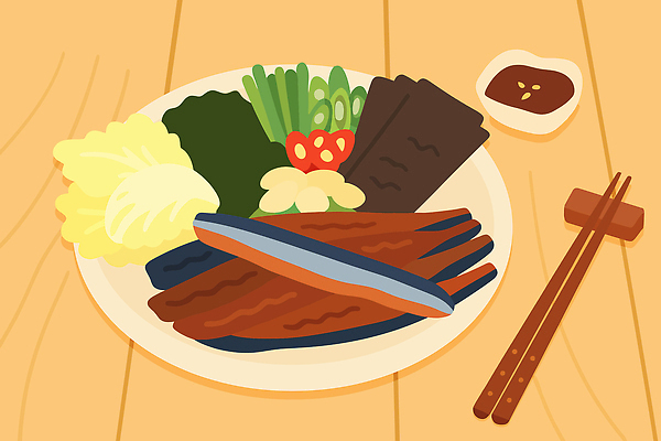 접시 한식 음식 겨울 채소 일러스트 재료 젓가락 식탁 반찬 육류 어류 요리 식사 양념 맛 저녁 상차림 해산물 과메기 먹거리 국내일러스트 AI파일 식기 계절 컨셉 식재료 탁자 수저 수중동물 야간 파일형식 벡터