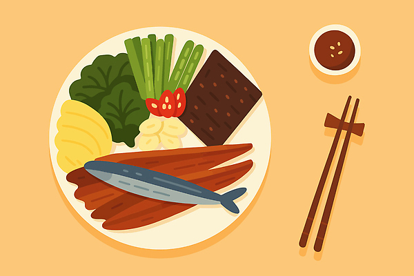 접시 한식 음식 겨울 채소 과일 일러스트 재료 젓가락 식탁 건강 마늘 어류 요리 식사 맛 저녁 준비 시금치 과메기 먹거리 국내일러스트 AI파일 식기 계절 컨셉 탁자 수저 수중동물 야간 파일형식 벡터