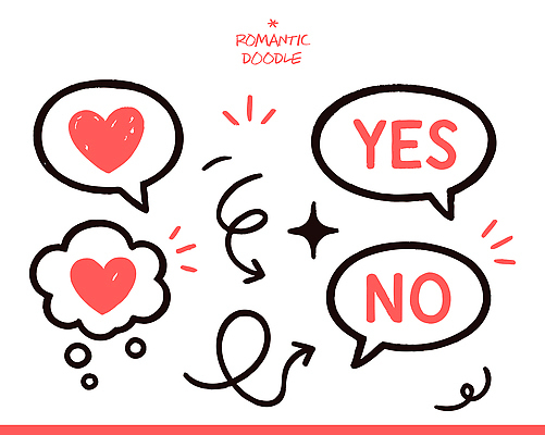 감정 말풍선 생각 일러스트 관계 상상 발렌타인데이 대화 사랑 그래픽 세트 로맨틱 표현 예절 선택 낙서 심볼 아니오 긍정 심리 소통 부정 창의력 국내일러스트 AI파일 컨셉 데이이벤트 말하기 파일형식 벡터