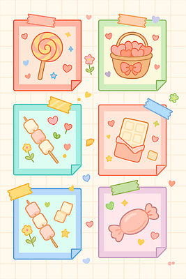 디자인 음식 컬러 스티커 일러스트 문구용품 디저트 아이디어 발렌타인데이 사탕 사랑 장식 바구니 초콜릿 메모지 그림 젤리 케밥 먹거리 국내일러스트 AI파일 감정 컨셉 데이이벤트 사무용품 오브젝트 파일형식 벡터
