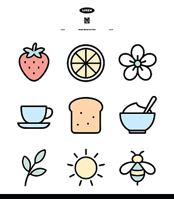 아이콘 그릇 디자인 꽃 빵 컬러 잎 과일 딸기 그래픽 컵 태양 봄 레몬 2D아이콘 AI파일 자연요소 식물 식기 계절 음식 파일형식 벡터