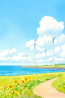 JPG 식물 길 바다 일러스트 자연 하늘 바람 해바라기 풍경 초원 해변 여름 파란색 태양 제주도 환경 산책 선탠 바람개비 심플 국내일러스트 AI일러스트 AI콘텐츠 자연요소 계절 꽃 컬러 날씨 휴식 한국 생태계 파일형식