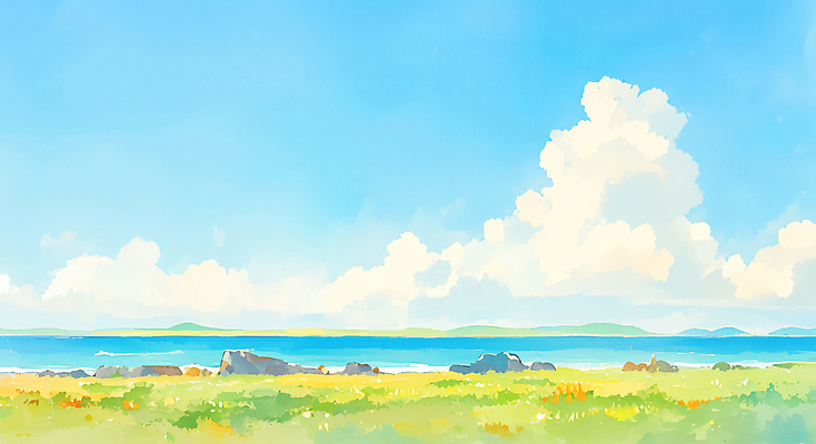 JPG 꽃 바다 여행 일러스트 자연 하늘 바람 날씨 풍경 해변 여름 파란색 햇빛 제주도 공간 돌_바위 국내일러스트 AI일러스트 AI콘텐츠 자연요소 식물 계절 컬러 한국 태양 생태계 파일형식