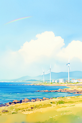 JPG 바다 섬 무지개 일러스트 자연 하늘 아침 바람 날씨 풍경 초원 해변 건물 여름 제주도 에너지 돌_바위 조용 풍력기 수평선 국내일러스트 AI일러스트 AI콘텐츠 주간 자연요소 건축물 계절 한국 풍력에너지 생태계 파일형식