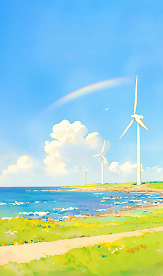 JPG 바다 여행 무지개 채소 일러스트 자연 하늘 바람 휴식 풍경 초원 해변 초록색 파란색 제주도 자전거 풍차 에너지 풍력에너지 생태계 국내일러스트 AI일러스트 AI콘텐츠 자연요소 컬러 컨셉 날씨 한국 바이크 그린에너지 파일형식