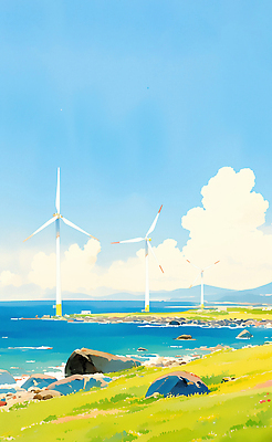 JPG 파도 바다 섬 여행 하늘색 일러스트 자연 하늘 날씨 풍경 초원 해변 초록색 파란색 제주도 환경 에너지 시골 풍력기 국내일러스트 AI일러스트 AI콘텐츠 컬러 한국 풍력에너지 생태계 파일형식