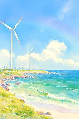 JPG 파도 바다 섬 여행 하늘색 일러스트 자연 하늘 바람 날씨 풍경 해변 여름 제주도 환경 에너지 도시 풍력기 국내일러스트 AI일러스트 AI콘텐츠 자연요소 계절 한국 파란색 풍력에너지 생태계 파일형식
