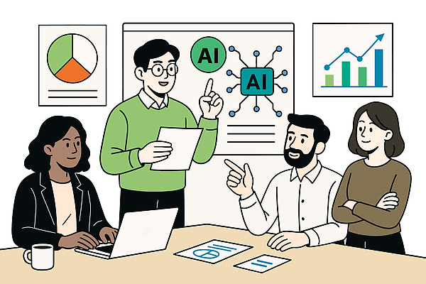 생각 일러스트 회의 그래프 협력 기술 실험 대화 사람 컴퓨터 사무실 자료 정보 발표 분석 하이테크 전략 서류판 의사소통 AI_인공지능 국내일러스트 AI파일 컨셉 비즈니스 말하기 전자제품 사무용품 파일형식 벡터