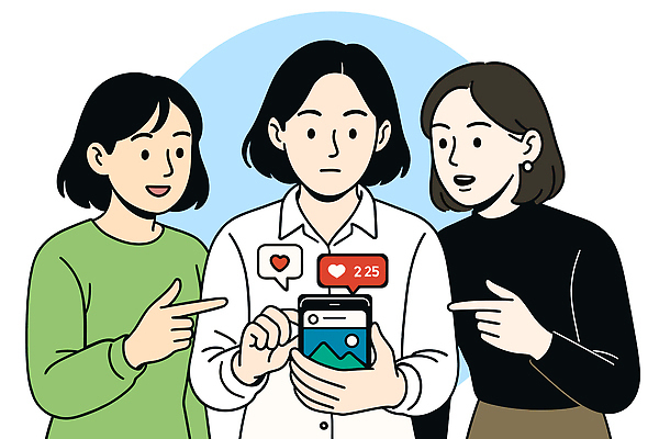 감정 일러스트 모션 이야기 대화 사람 일상 세명 친구 스마트폰 스크린 정보 집중 확인 하이테크 공유 소통 반응 소셜미디어 증감 좋음 국내일러스트 AI파일 컨셉 관계 기술 말하기 라이프 핸드폰 스마트기기 파일형식 벡터