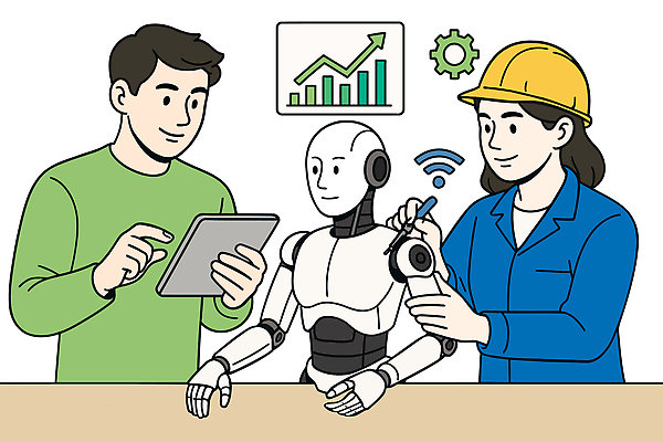 산업 일러스트 공장 그래프 협력 기술 실험 태블릿 스크린 자료 기계 도구 작업 기술자 로봇 분석 하이테크 개발 조작 프로그래밍 상호작용 국내일러스트 AI파일 직업 컨셉 공업 전자제품 스마트기기 파일형식 벡터